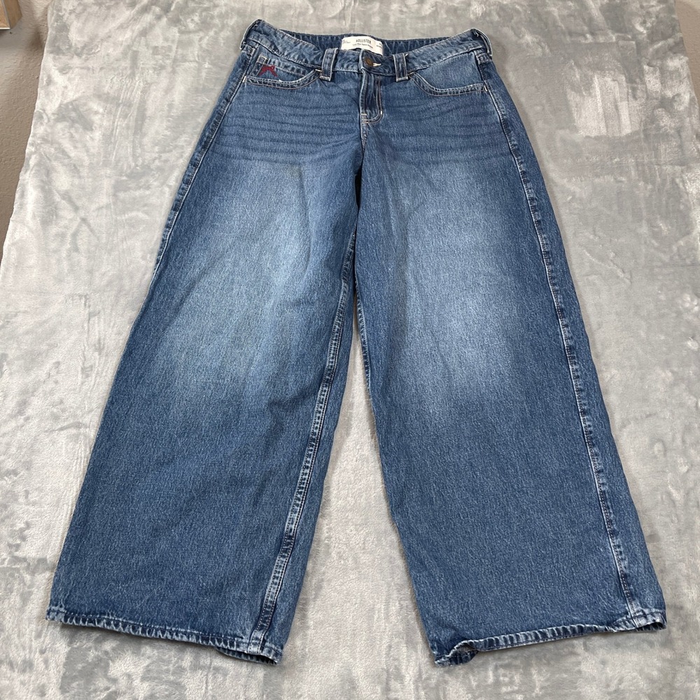 Hollister Jeans W28 Regular Low Rise Super Baggy Blue Embroidered Bow